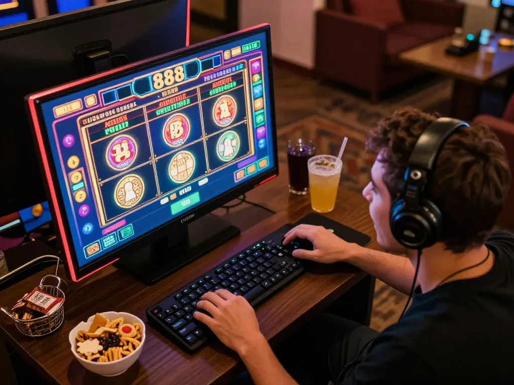 Player engaged with slot88 game on laptop at home, highlighting excitement in online gambling.