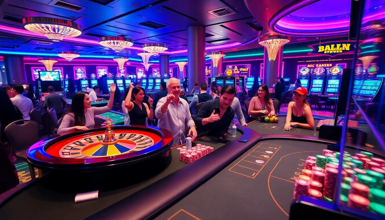 A captivating view of KJC AC 1 casino action with players at roulette tables and slot machines.