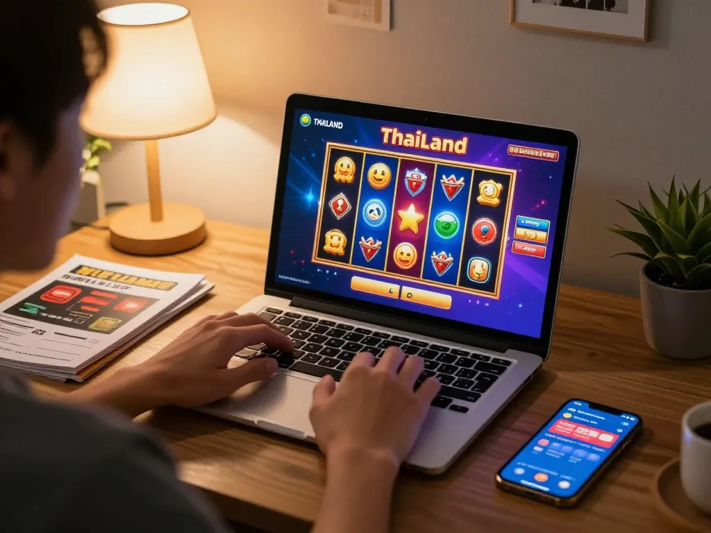 Engaging gameplay on a thailand slot game in a cozy home setting, showcasing immersive online gambling.
