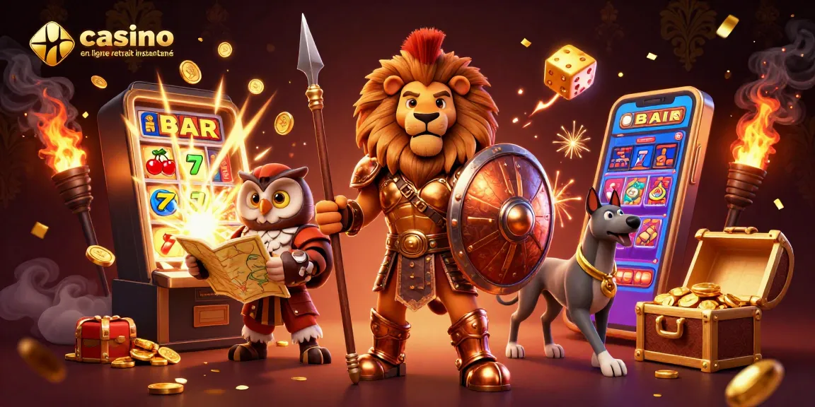 Illustration dynamique présentant le casino en ligne retrait instantané avec un lion spartiate, un hibou stratège et un lévrier, entourés d'éléments de jeu.