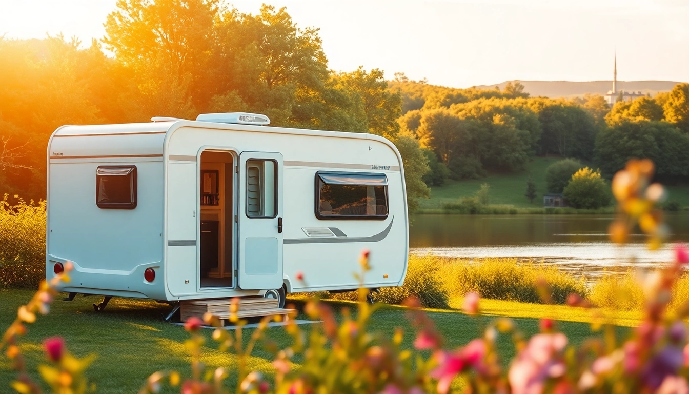 Relaxing view of static caravans in serene nature, highlighting scenic outdoor lifestyle.