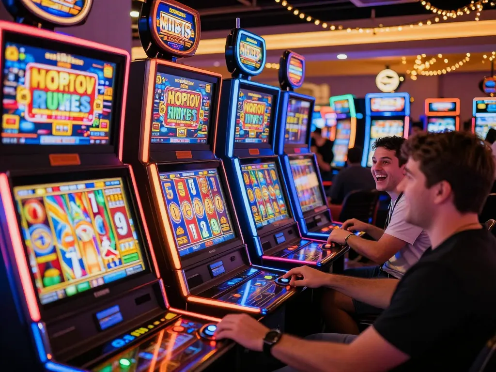Enjoy thrilling slot gacor hari ini action at a colorful casino with players engaged at slot machines.
