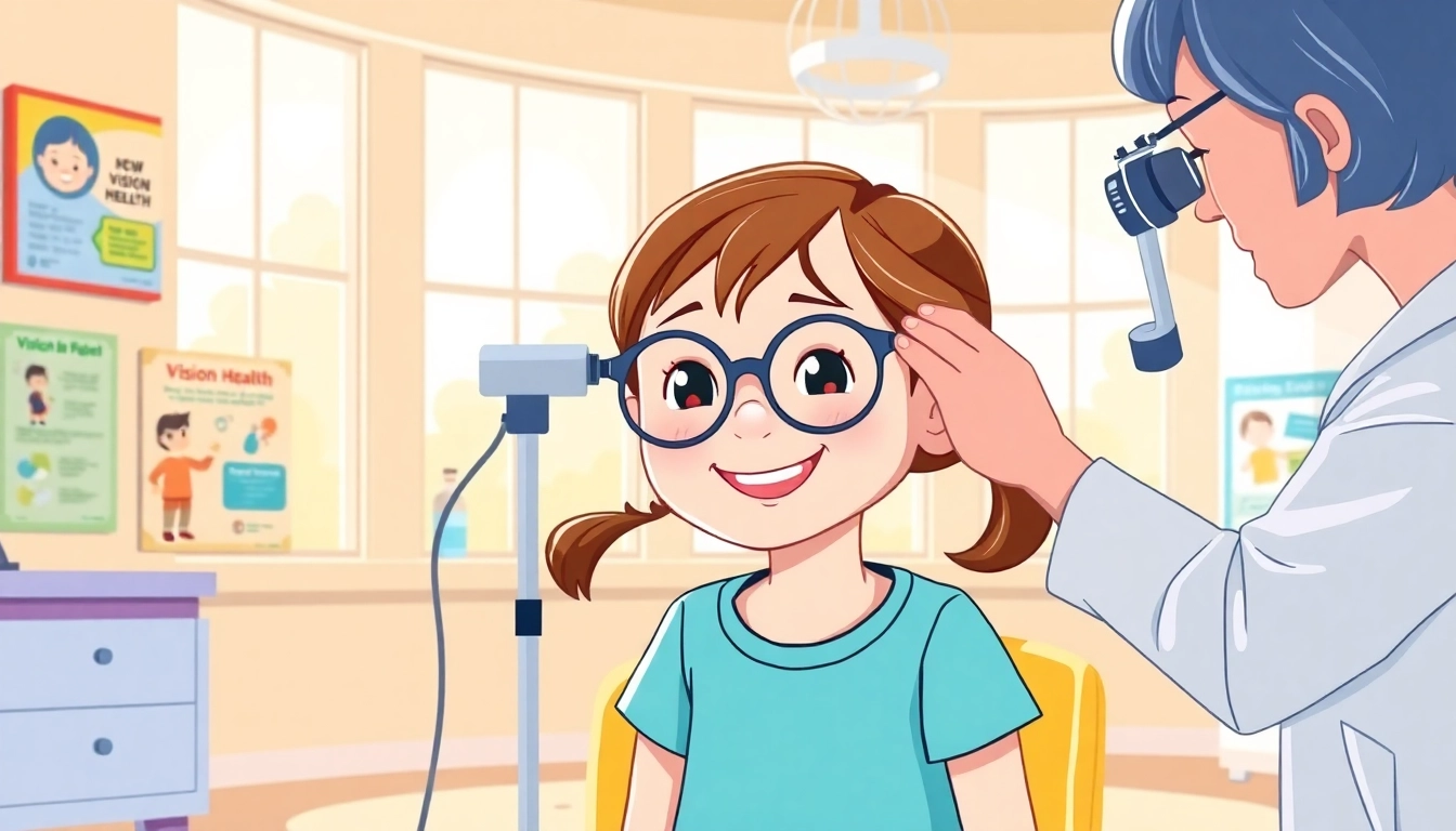 Promoting Our Children's Vision through a caring eye examination for a child in a bright clinic.