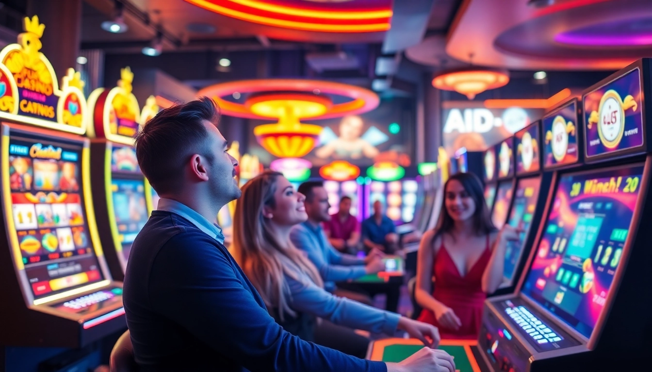 Online casino spielen in einer aufregenden, lebhaften Umgebung mit digitalen Spielautomaten und Pokertische.
