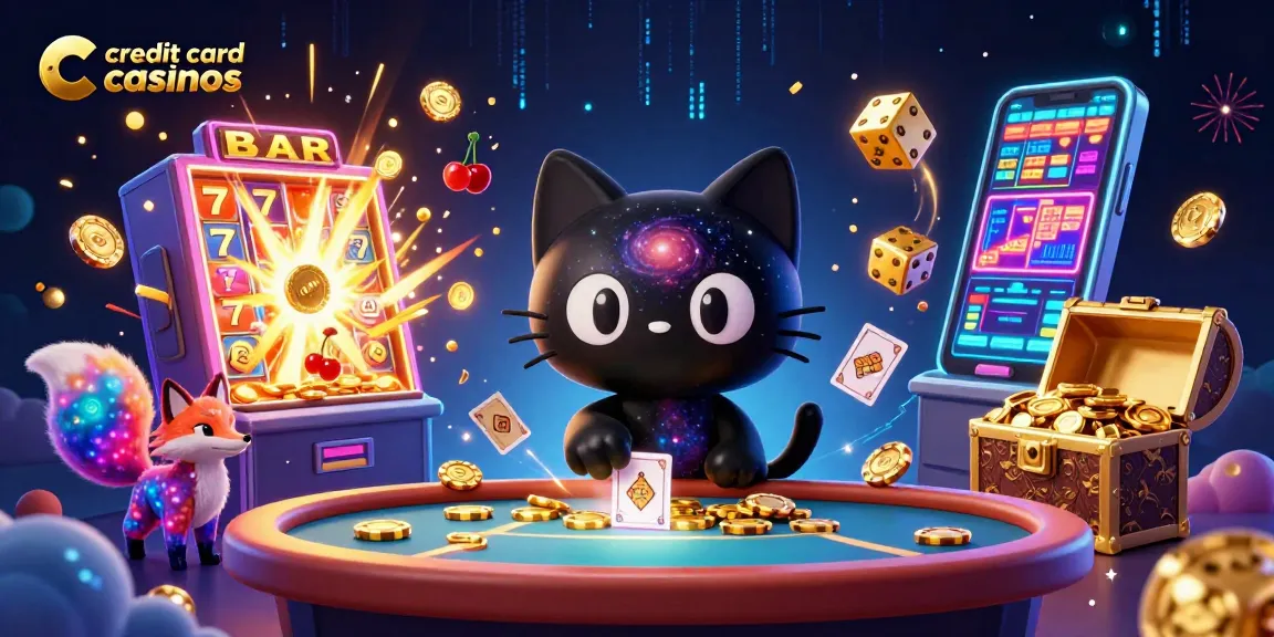 Experience the thrill of credit card casinos with a cosmic cat and a galaxy fox at a vibrant casino table.