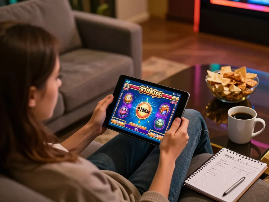 Engaging scene of online gaming at https://kiss918-ori.app, showcasing a player strategizing with a tablet.