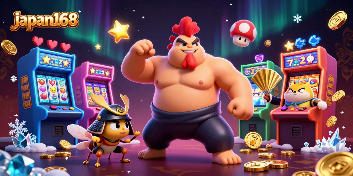 Experience the excitement of japan168 with a vibrant 3D casino scene of a sumo rooster and samurai cricket.