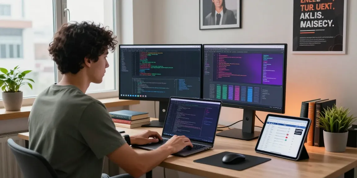 Developer coding at a modern workstation with 纸飞机官网 interface on screens.