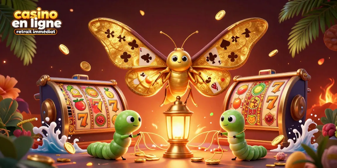 Plongez dans l'univers du casino en ligne retrait immédiat avec des illustrations captivantes de machines à sous dorées et motifs variés.