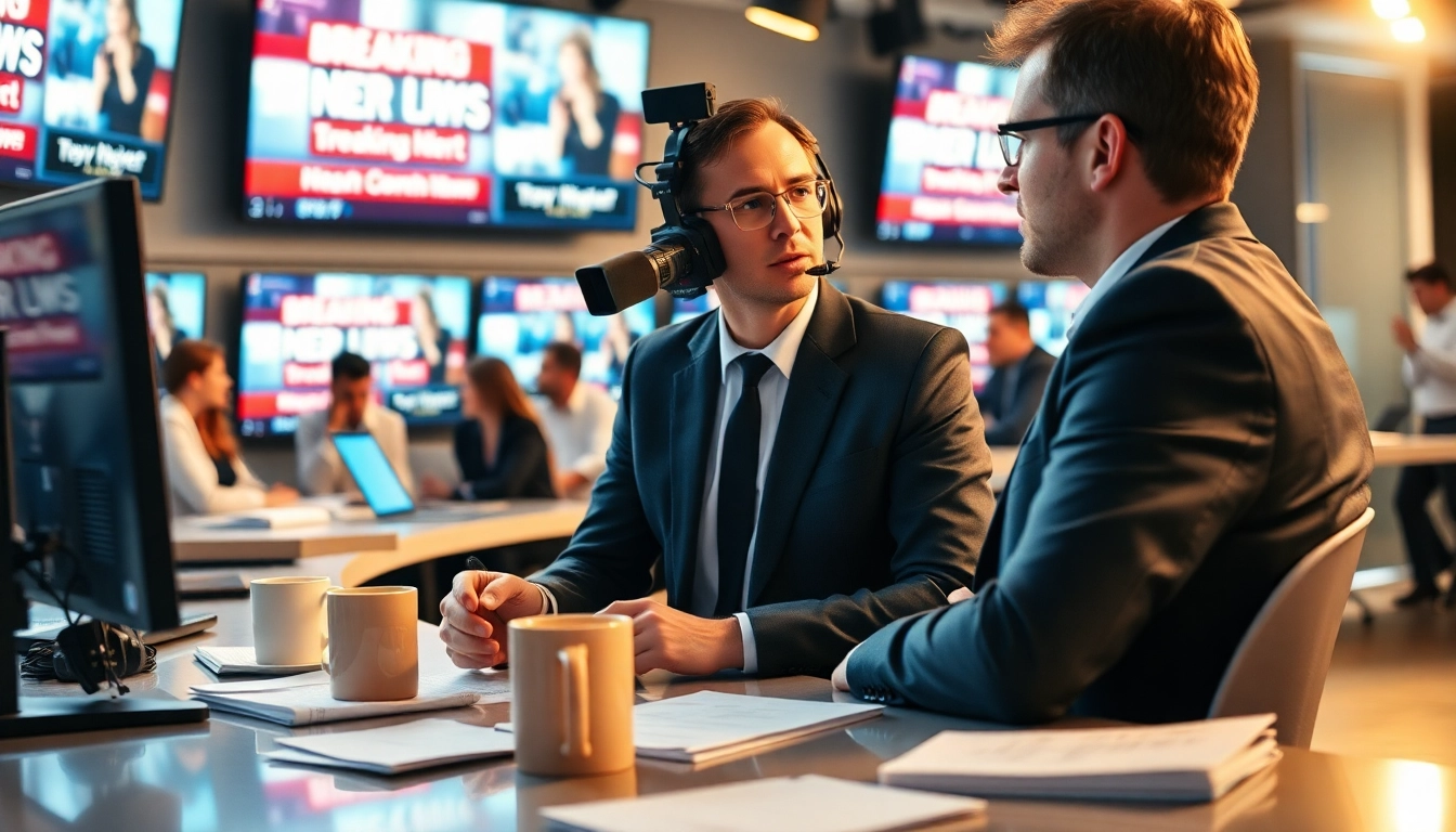 Journalist capturing breaking news in a lively newsroom filled with screens and papers.