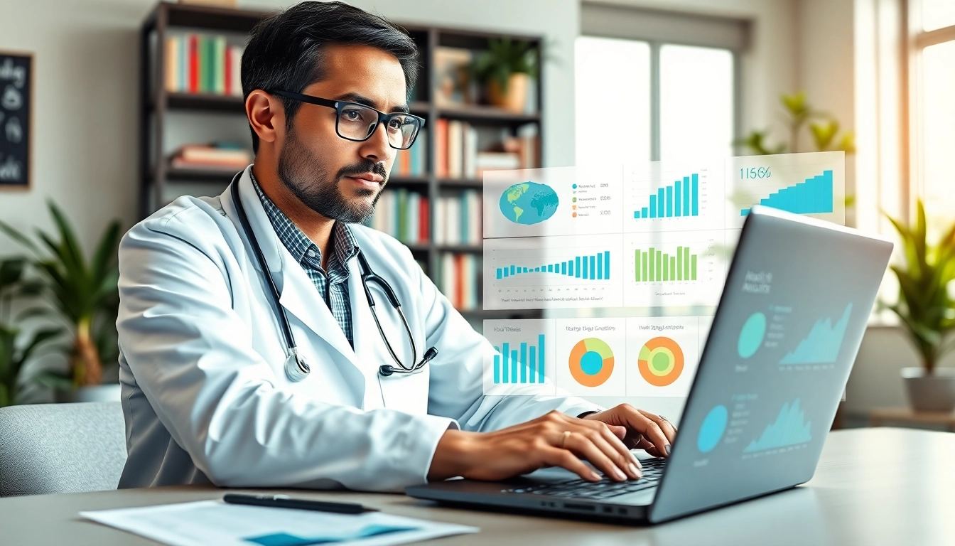Professional health expert reviewing wellness data and health statistics in an engaging modern office.