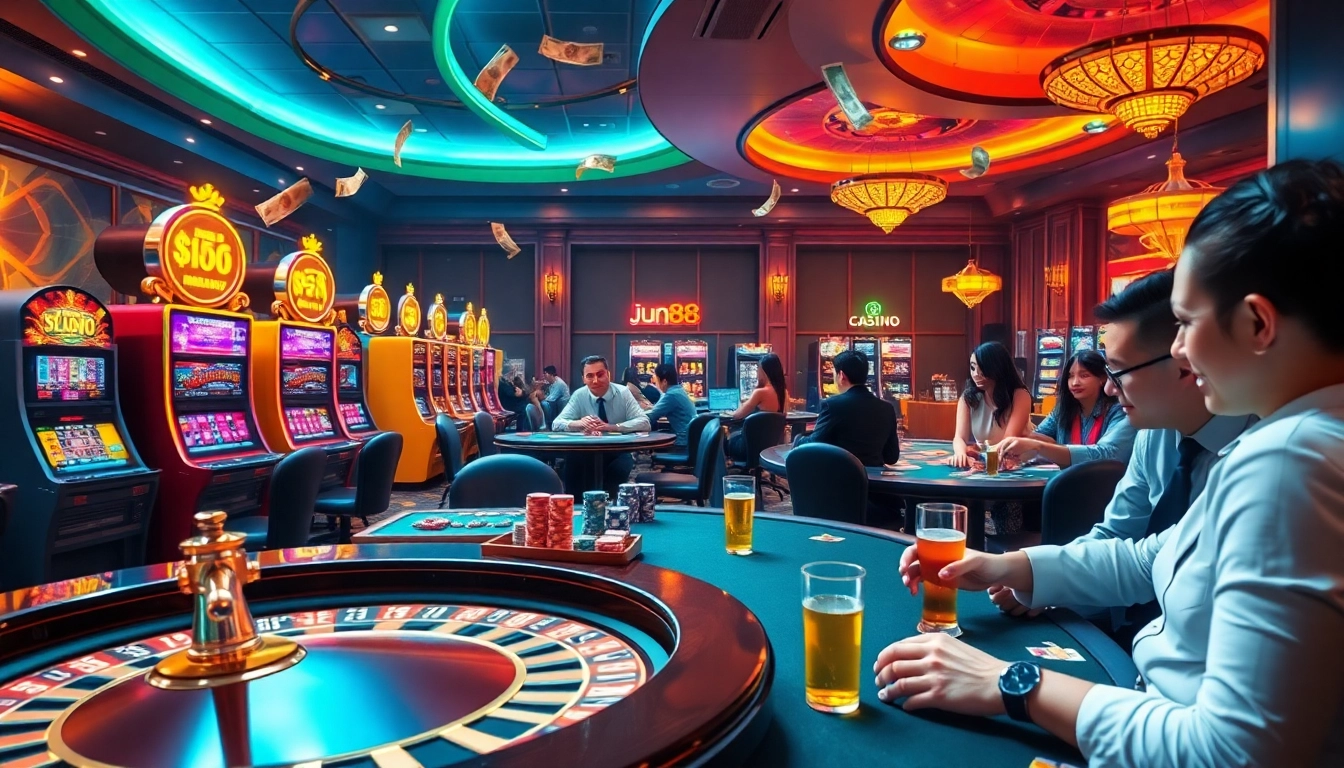 Players enjoying live games at jun88 casino with illuminated slot machines and poker tables.