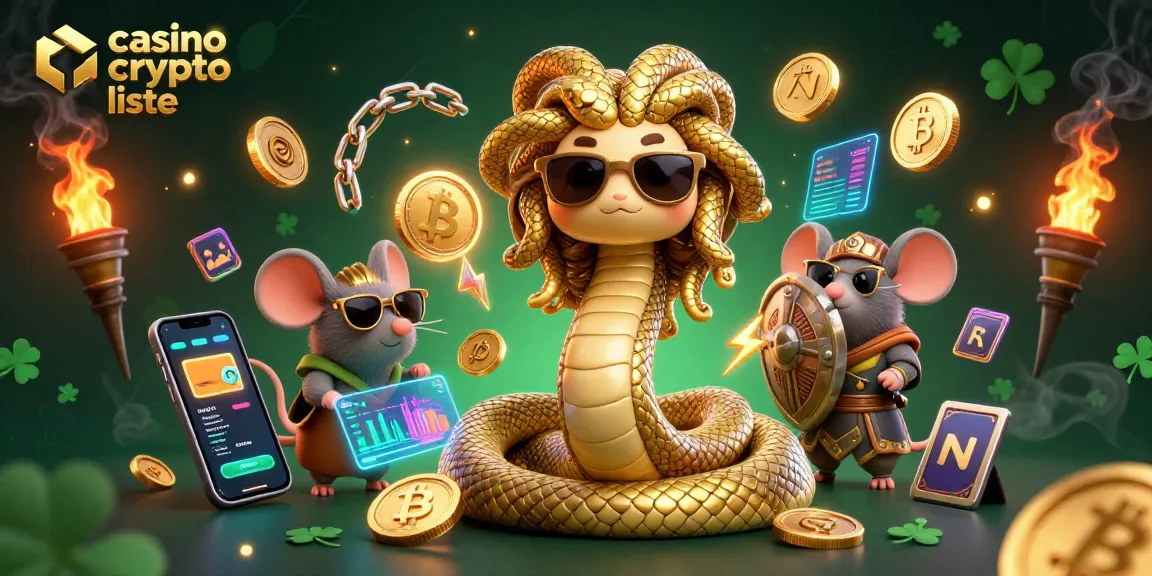 Jouez sur une liste de casinos crypto avec Medusa et un guerrier souris, entourés de pièces Bitcoin.