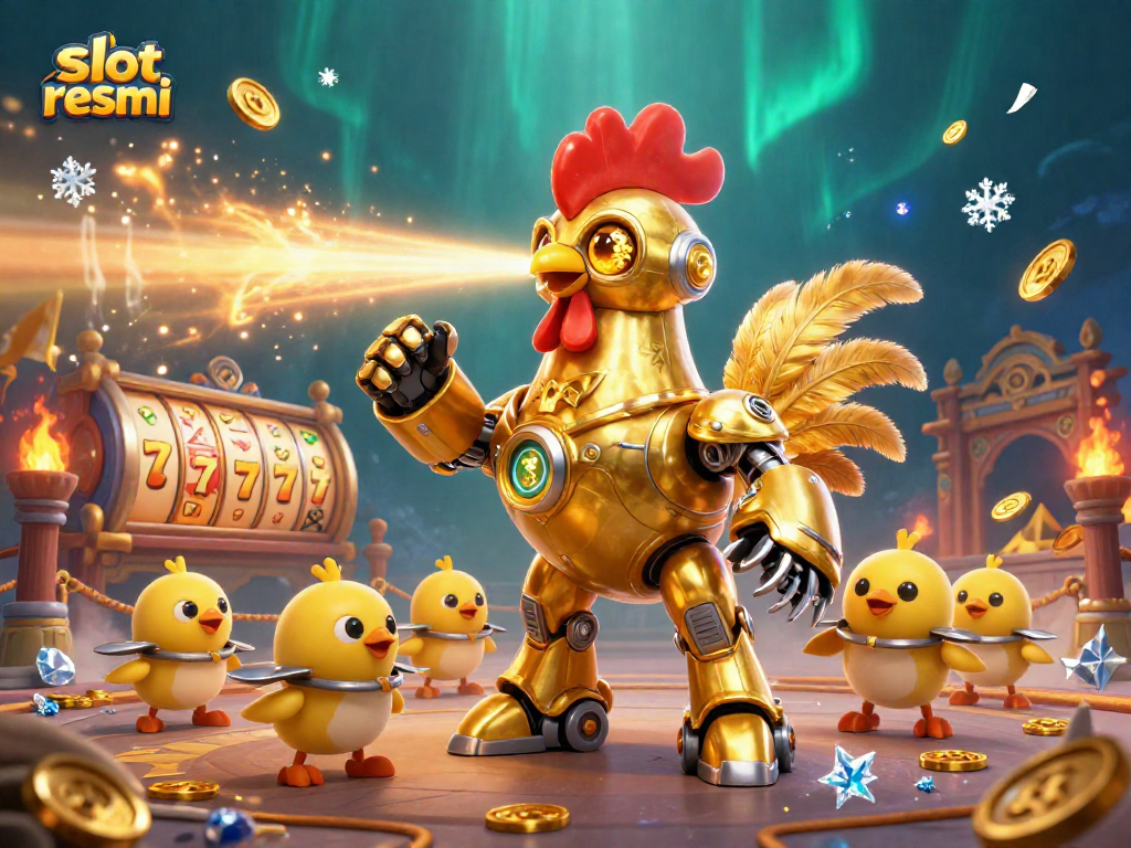Win big with slot resmi as golden rooster robot leads baby chick drones in an exciting casino scene.