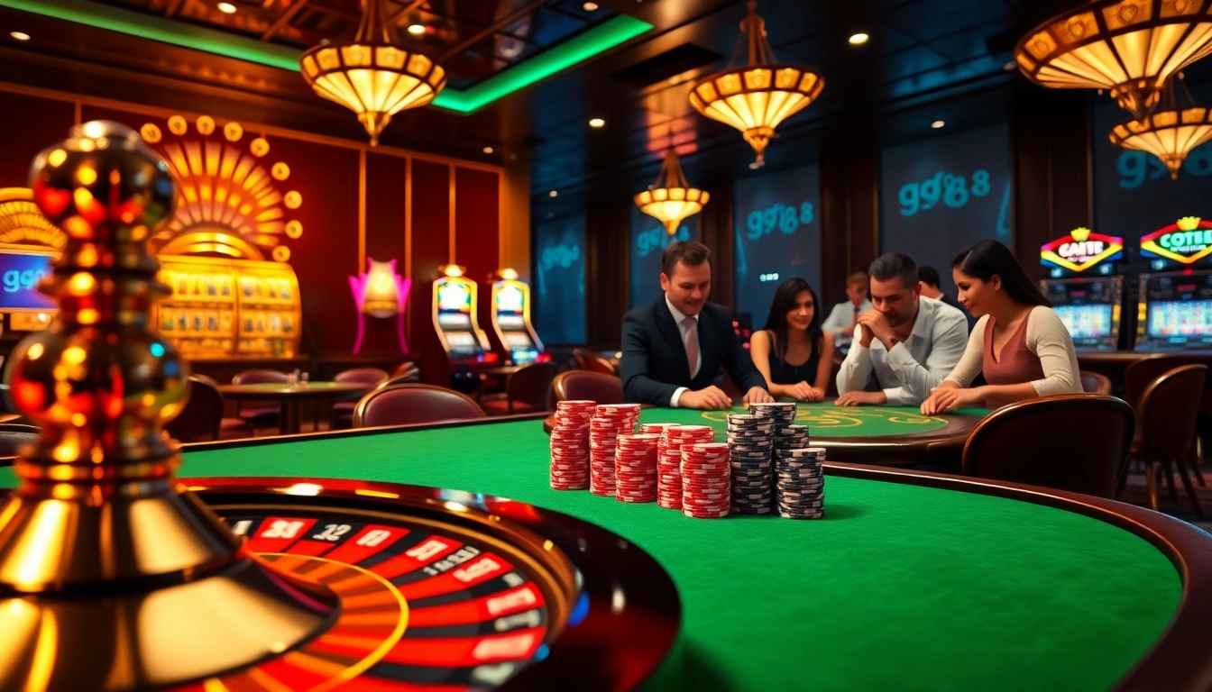 Engaged players enjoying a thrilling roulette game at gg88 casino, showcasing vibrant colors and excitement.