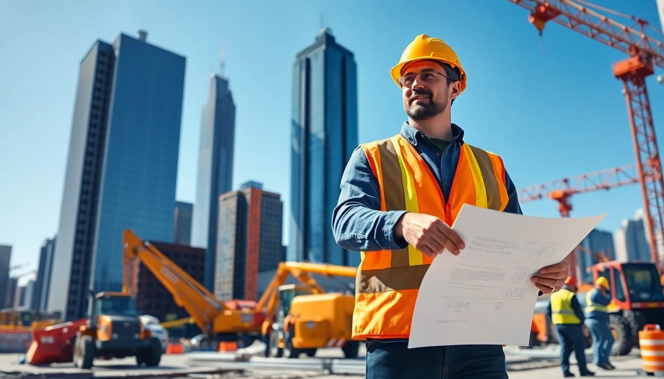 An engaged New York City Construction Manager directing on-site construction activities amidst urban development.