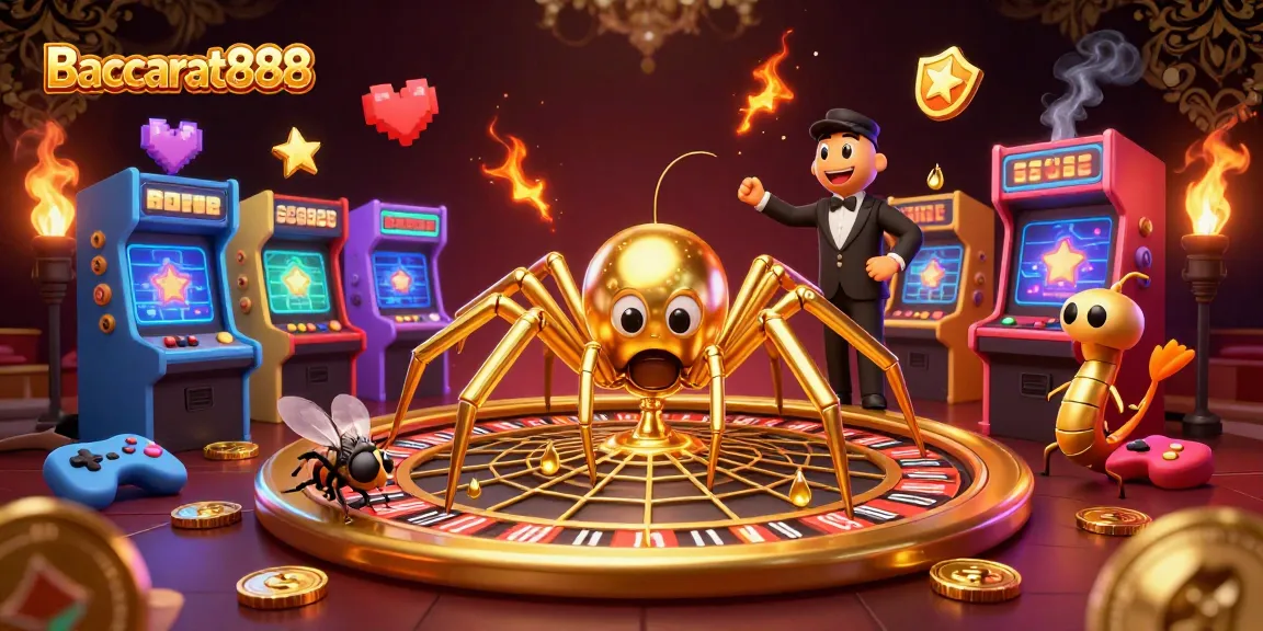 Experience the thrill of Baccarat888 with a golden spider spinning a roulette wheel in an engaging casino world.