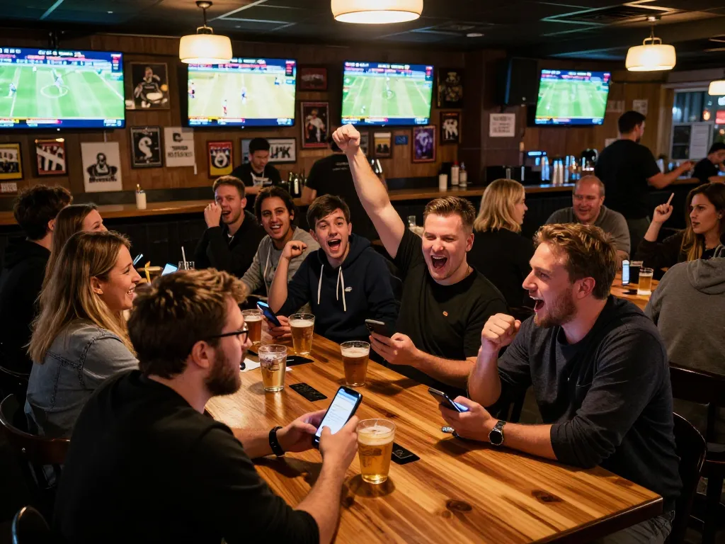 Engaged bettors using fb88 app during a lively sports betting night.