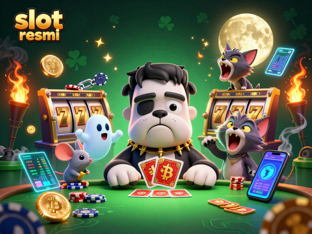 Spin the reels with slot resmi while a Frankenstein bulldog serves cards at a haunted casino!