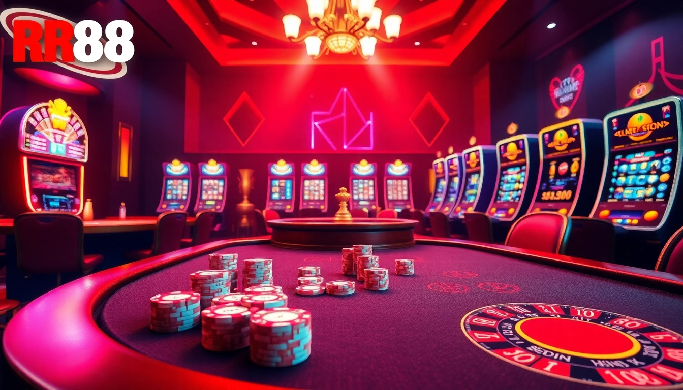 Experience RR88 Đăng Nhập through a dynamic online casino scene featuring poker tables and slot machines.