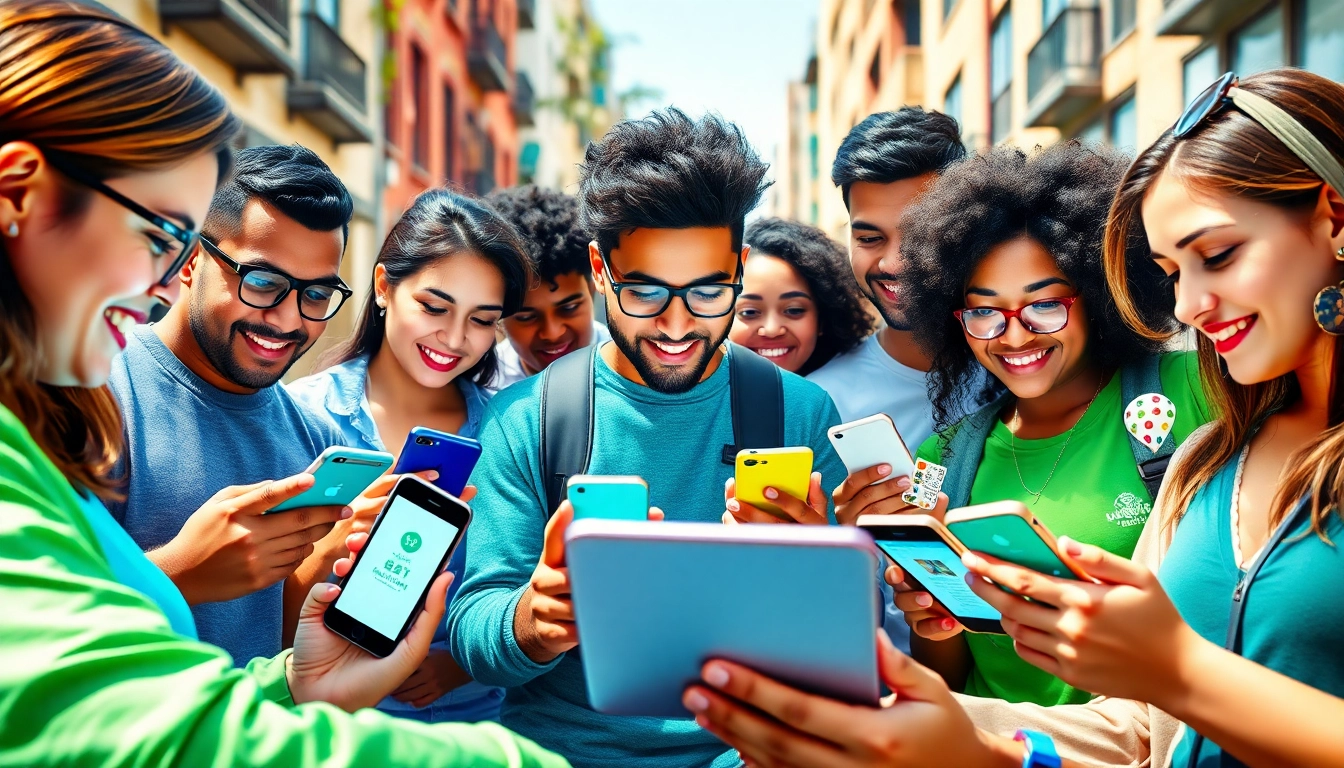 Engaged users accessing the Jalwa app on devices, showcasing gaming and lottery features in a vibrant setting.