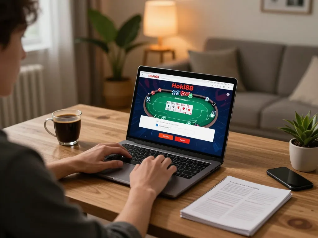 Terlibat dalam permainan Hoki88 login alternatif di laptop dengan antarmuka poker, nyaman di rumah.