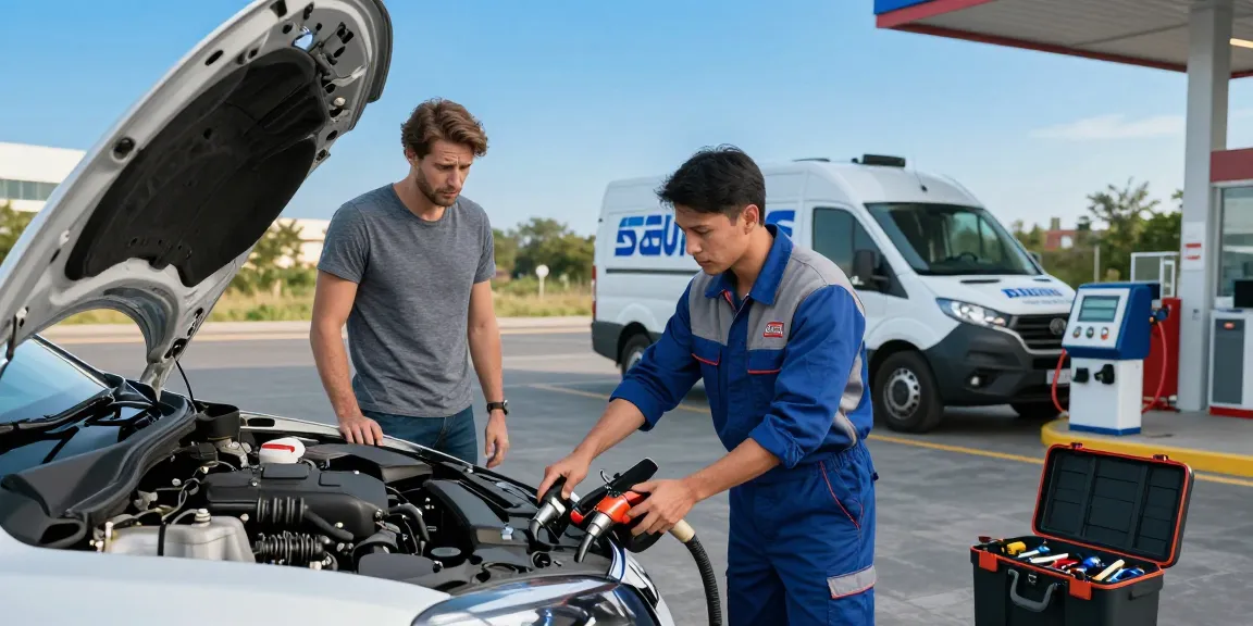 Technician draining petrol from a diesel car at roadside, ensuring quick recovery.