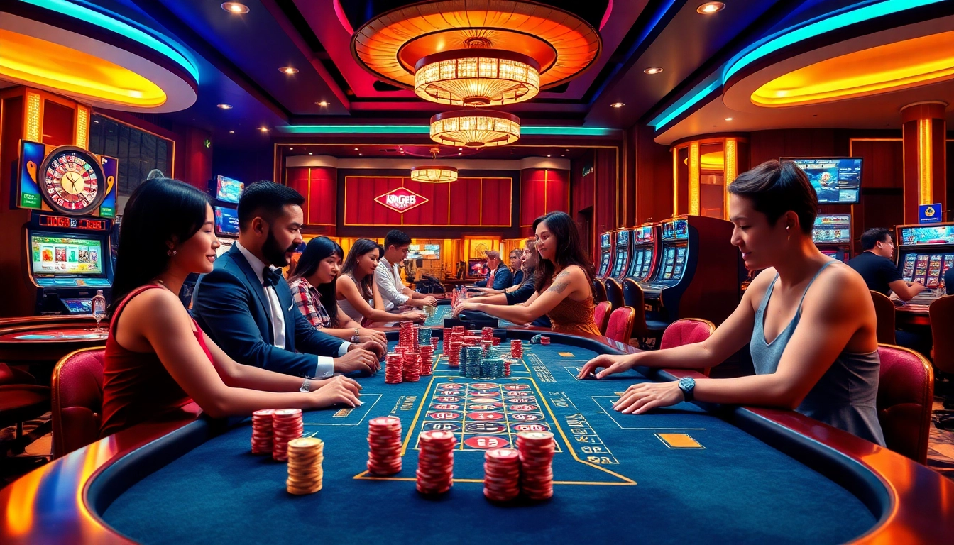 Experience the thrill of online betting at https://king88.fast/ with vibrant casino scenes, colorful poker chips, and a luxury ambiance.