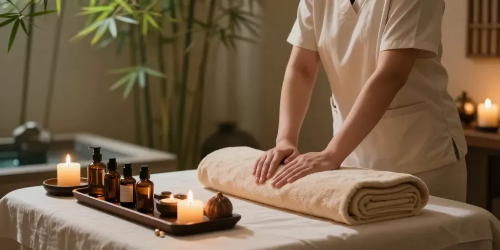 고양출장마사지 session in a tranquil spa with calming elements.