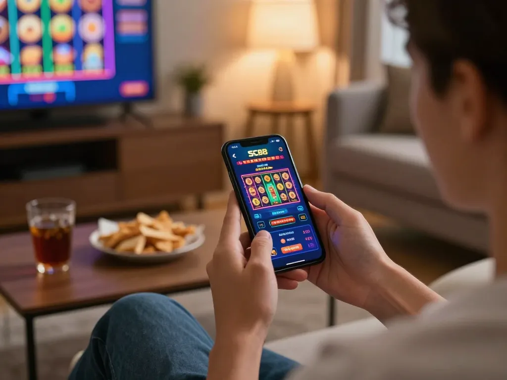 Engaging experience with the SC88 app showcasing an online slot game on a smartphone in a cozy home setting