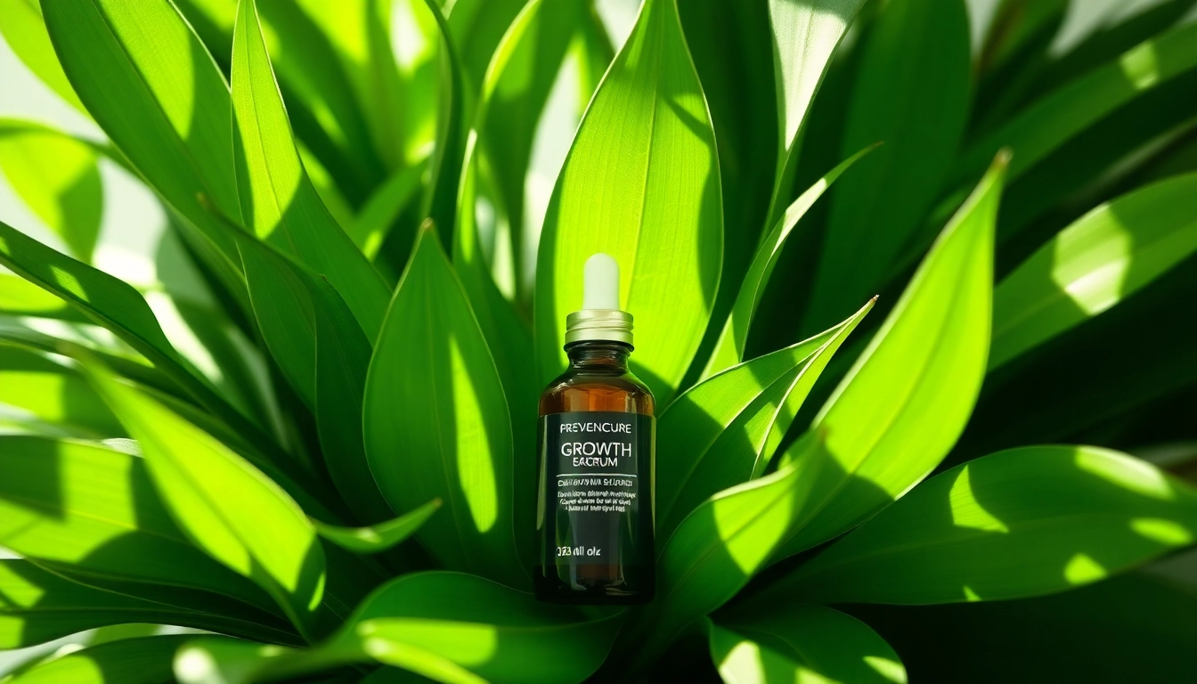 Apply affordable growth factor serum surrounded by green leaves for a rejuvenating glow.