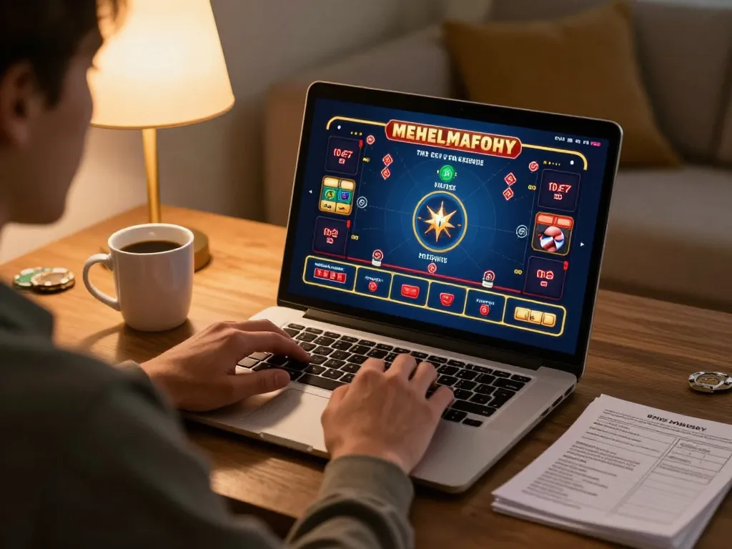 Player engrossed in online gambling via laptop at home, exploring link mm88 for a strategic gameplay experience.