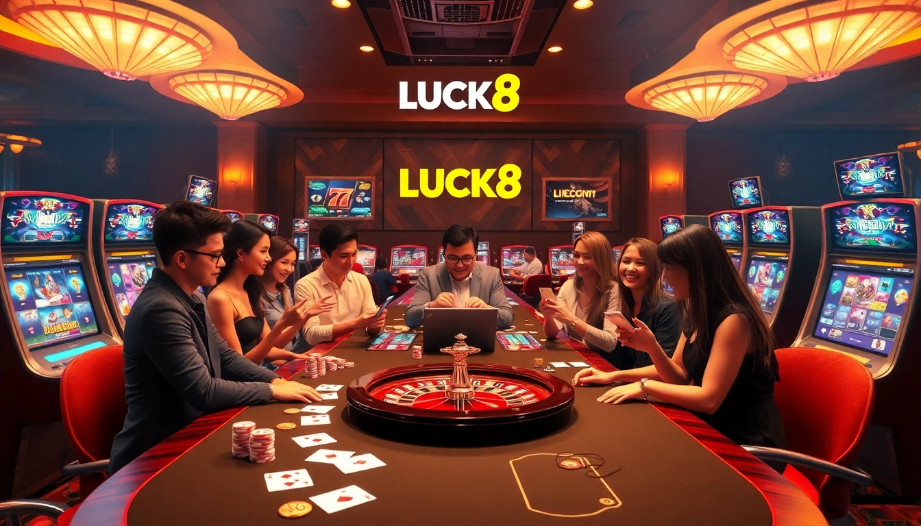 Players enjoying a thrilling gaming session at LUCK8's luxurious online casino with vibrant slot machines and poker tables.