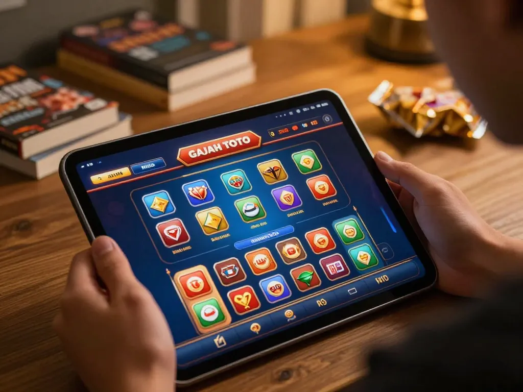 Engaging in Gajah Toto gaming on a tablet, showcasing a lively casino app environment with strategic gameplay
