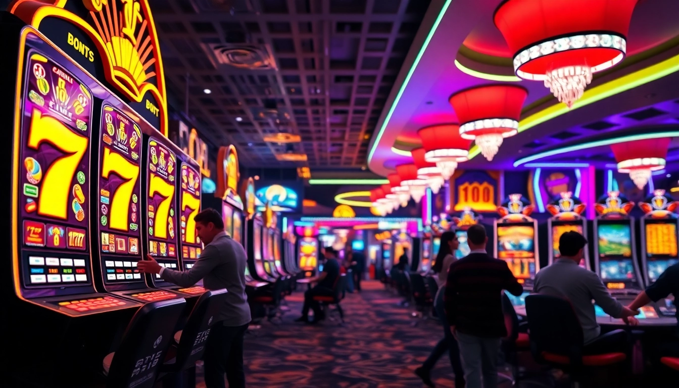 Main display of slot777 machines with vibrant colors and engaged players.