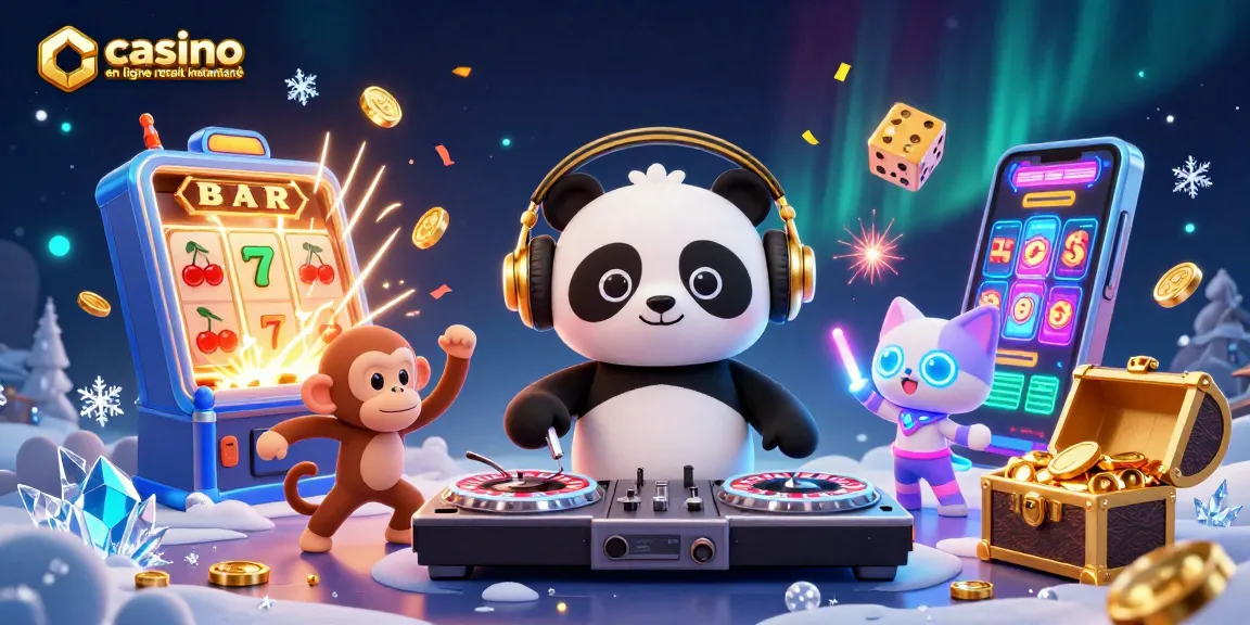 Joue au casino en ligne retrait instantané avec un panda DJ et un singe dansant entourés de symboles colorés.