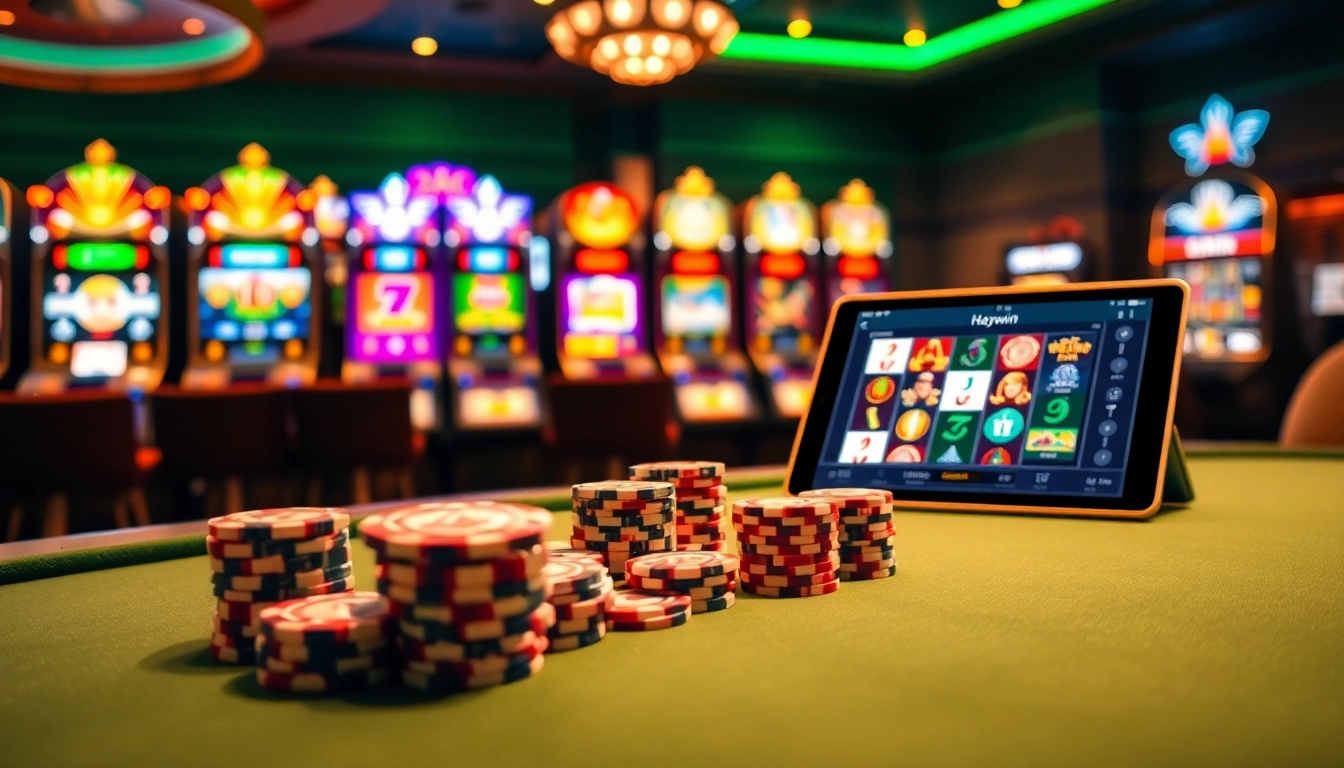 Experience high-stakes gambling at Haywin with an elegant poker table and vibrant slot machines.