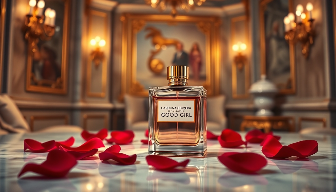 Experience the elegance of Carolina Herrera Good Girl with its iconic high-heel bottle design surrounded by rose petals.