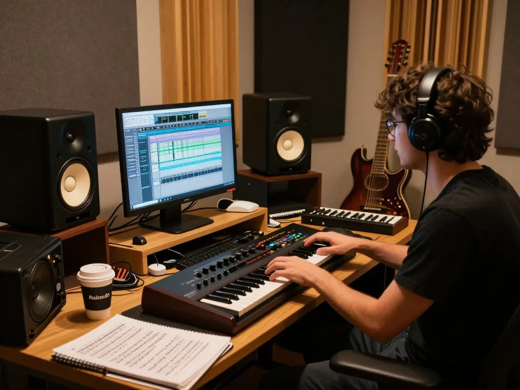 Musician composing tracks with SC88 sound module in a vibrant studio