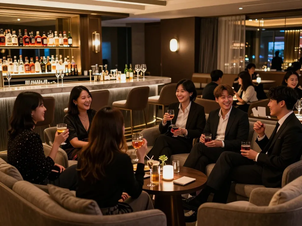 Experience the luxury nightlife at 강남쩜오 with friends enjoying drinks and upscale ambiance.