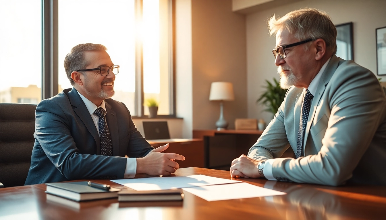 Engaging Stockton Accident Lawyer discussing with a client in an inviting office.
