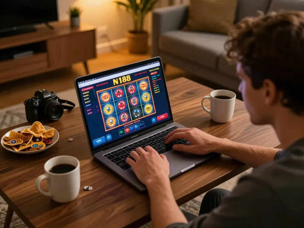 N188 casino player engaging with exciting slot games on a laptop in a cozy living room