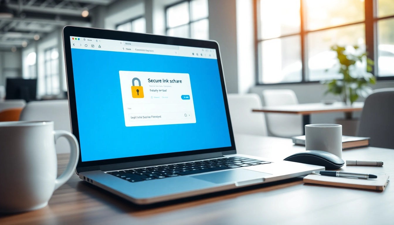 Secure link sharing platform interface displayed on a laptop in a modern office environment.