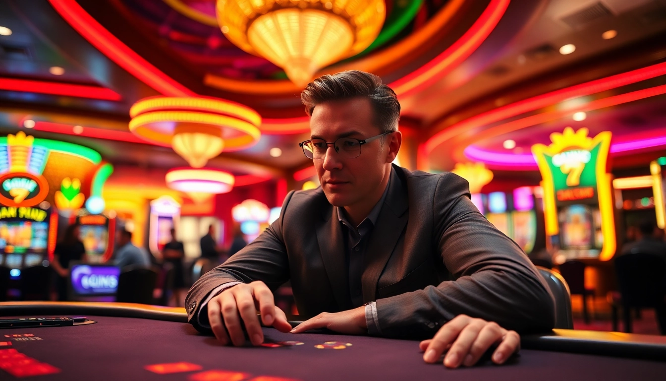 Gambler showcasing excitement at casino sites with bright neon lights and vibrant casino atmosphere.