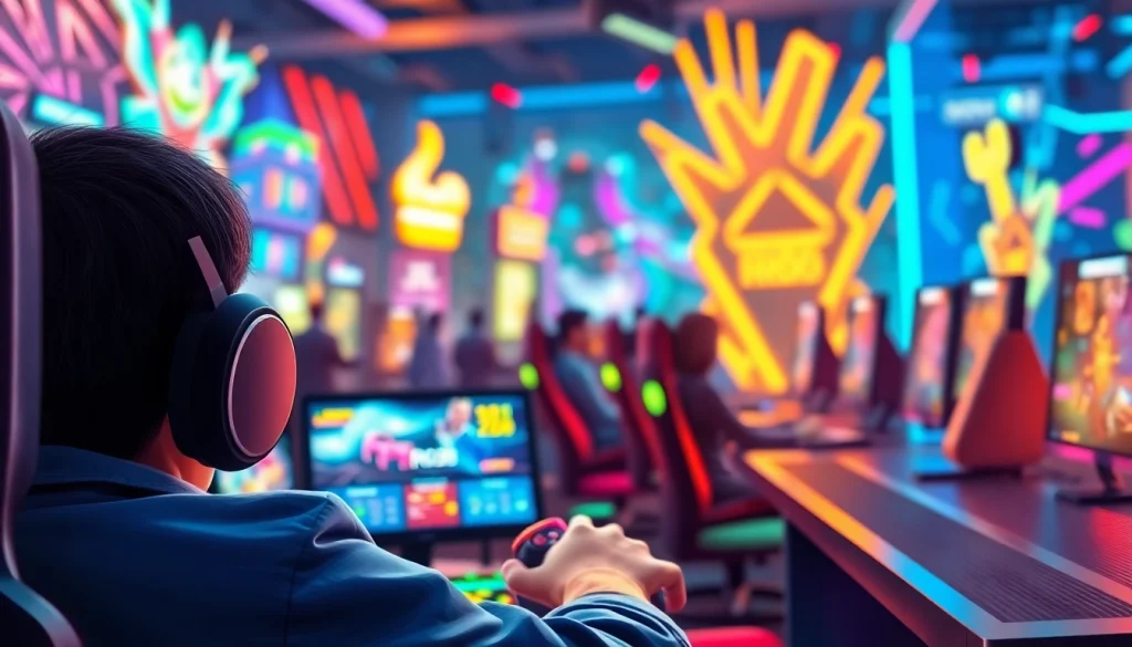 Engaged player experiencing RR88 gaming platform with vibrant neon accents.