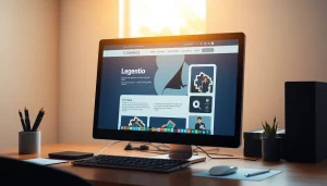 Desenvolvimento de Site em um ambiente de trabalho moderno, com computador exibindo design criativo.