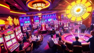 Experience the vibrant gambling world of KJC AC 1 with players enjoying casino tables and slot machines.