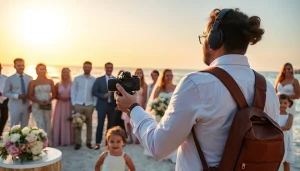 Tampa photographer capturing joyous moments at a beach wedding, with a warm sunset backdrop, showcasing photography tampa fl.