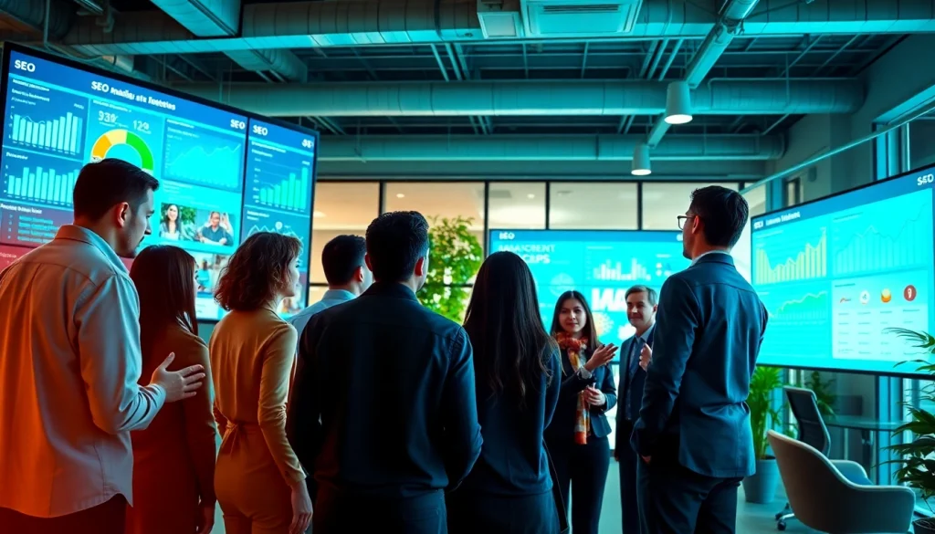 Team of SEO company experts collaborating on digital strategies in a modern office.