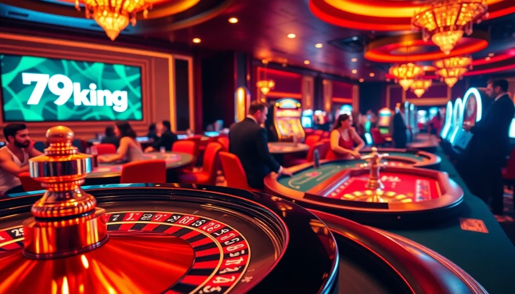Players enjoying the thrills of casino tables at 79king, with a vibrant roulette wheel and intense poker action.